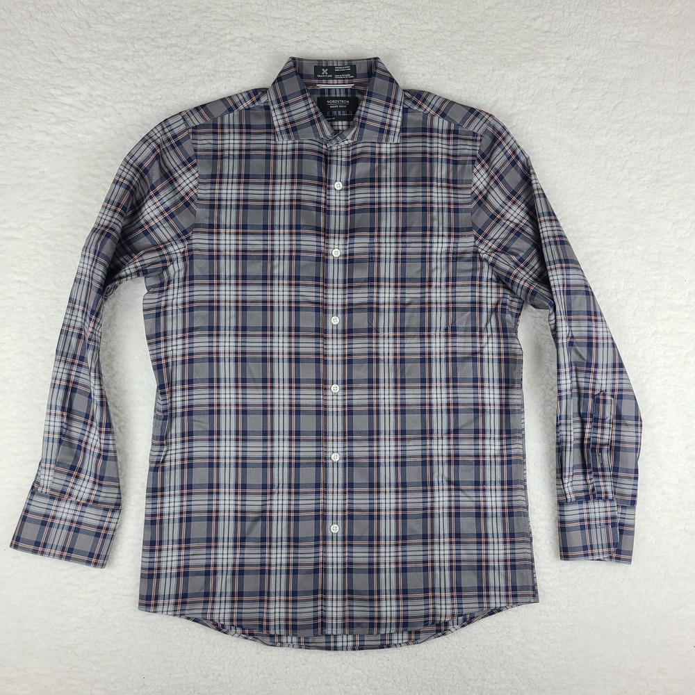 Nordstrom Shirt Mens Small Blue Gray Plaid Wrinkle Free Regular Dress Button‎ Up
